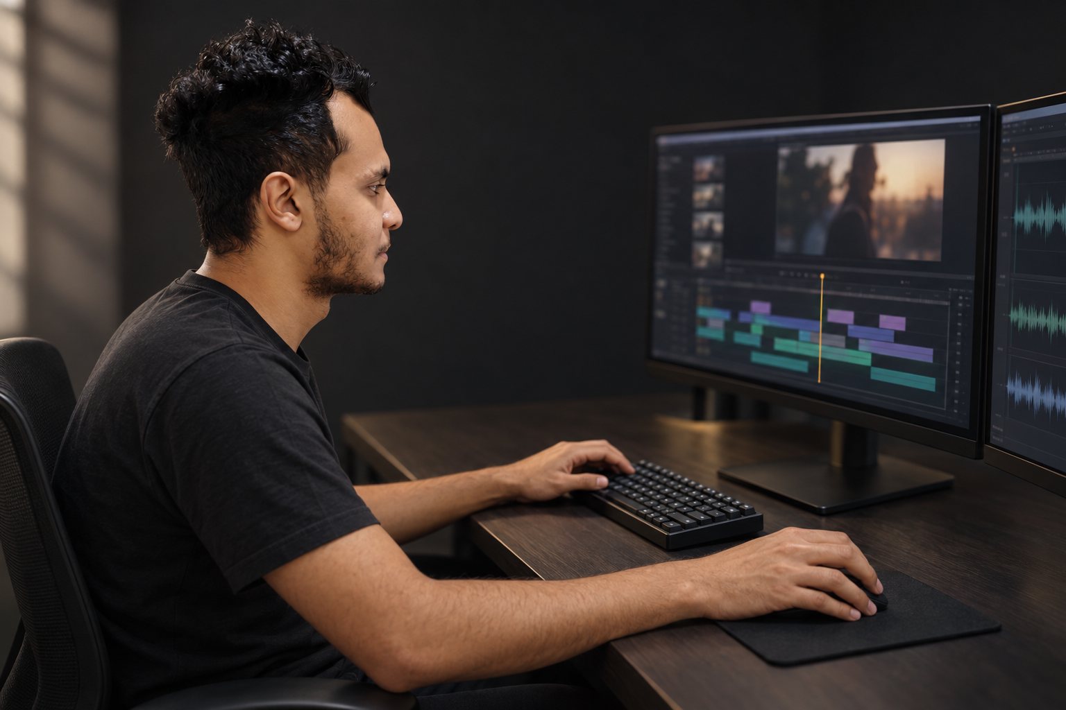A Cush Digital editor cutting a client video at the editing desk: outsourced marketing department